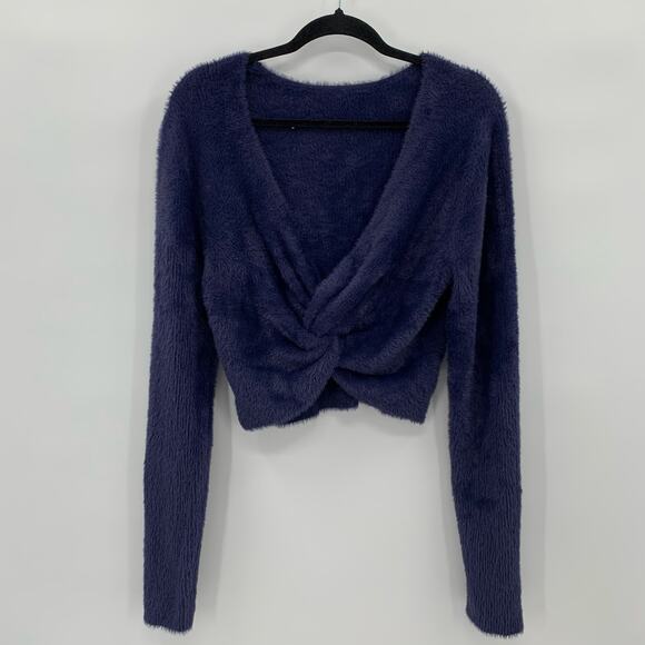 Aerie Womens XL Fluffy-4-Ever Reversible Twist Sweater Navy Blue Crop Eyelash - Picture 1 of 12